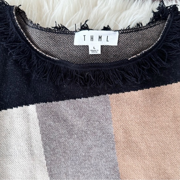 THML Color-block Fringe Detail Dropped Shoulder Pullover Sweater Size Large - Picture 7 of 7